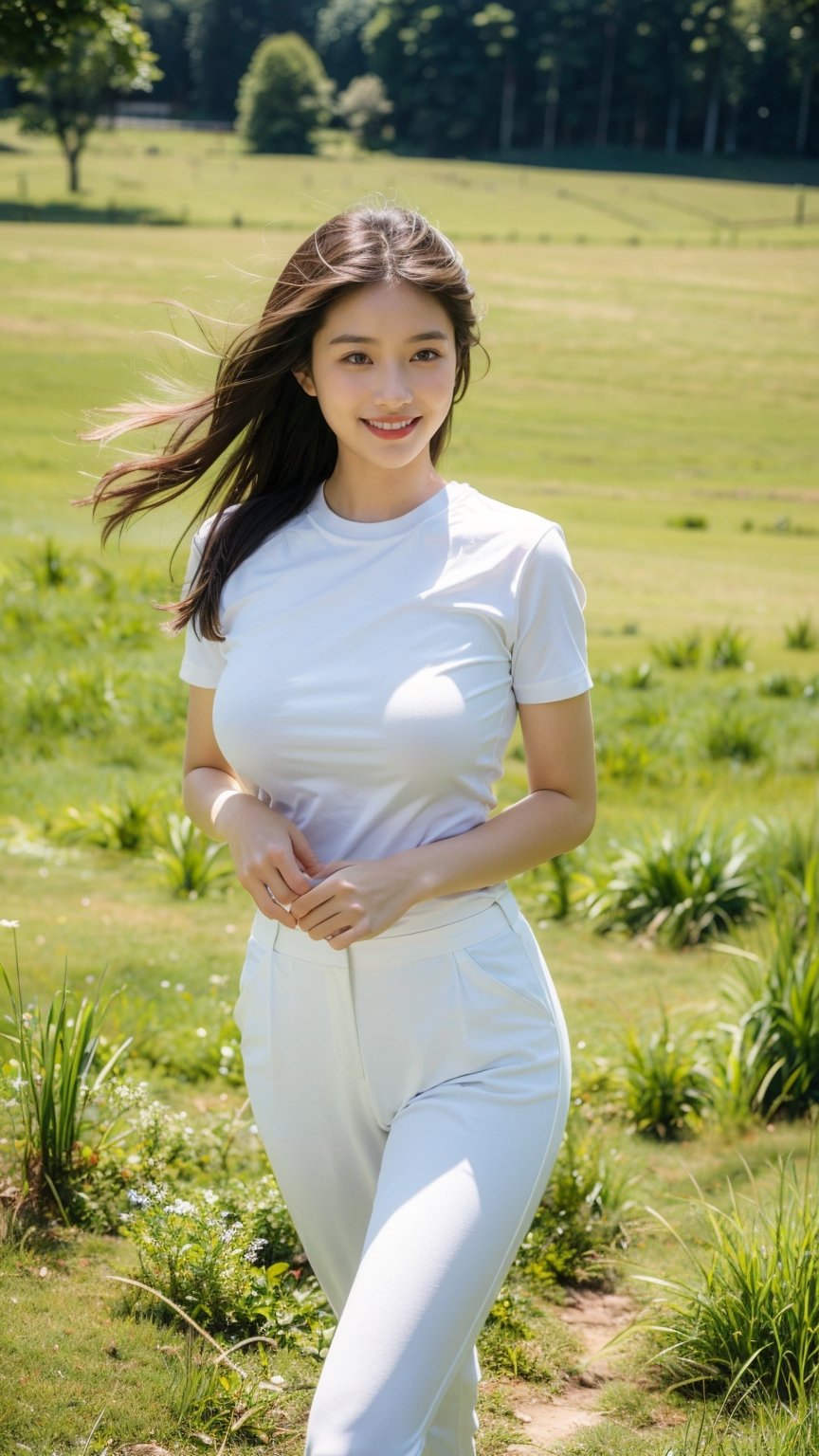 1girl, solo, a stunning beautiful Asian girl with bright smile, light brown hair, blowing hari, spring grass field, naked, looking at camera, 8k, high res, middle quality, ,Young beauty spirit,(big breasts:1.49),shirt_lift