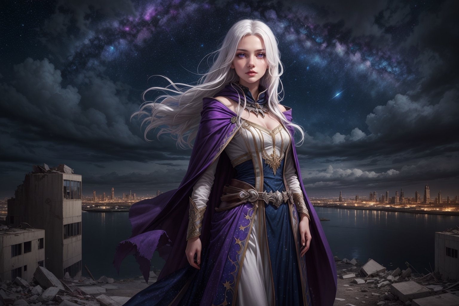 1girl, masterpiece,  best quality, long hair, white hair, purple eyes, abandoned modern city,  center, fantasy colorful, starry sky, night sky, glowing effect, facing viewer,  cloak, female_solo, solo_focus, dress, 
