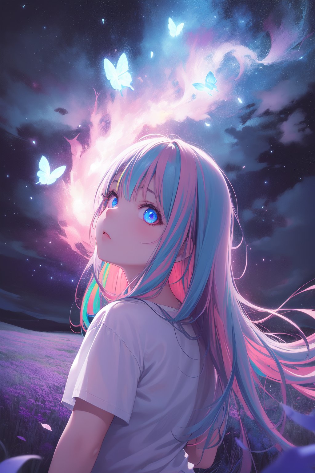 1girl,masterpiece, best quality,incredibly absurdres,long hair,(((glowing colorfull meadow))),fantasy colorfull,starry sky,night sky,standing,glowing butterfly,glowing effect,(white t-shirt),oversized shirt,looking at viewer,close view,facing viewer,glowing eyes,glowing nebula sky,((ducking forward)),surprised,pov