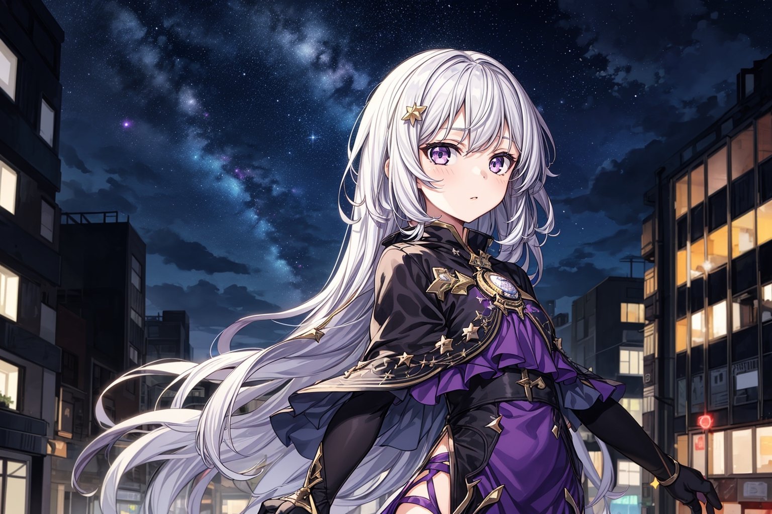 1girl, masterpiece,  best quality, long hair, white hair, purple eyes, abandoned modern city,  center, fantasy colorful, starry sky, night sky, glowing effect, facing viewer,  cloak, female_solo, solo_focus, dress, 
