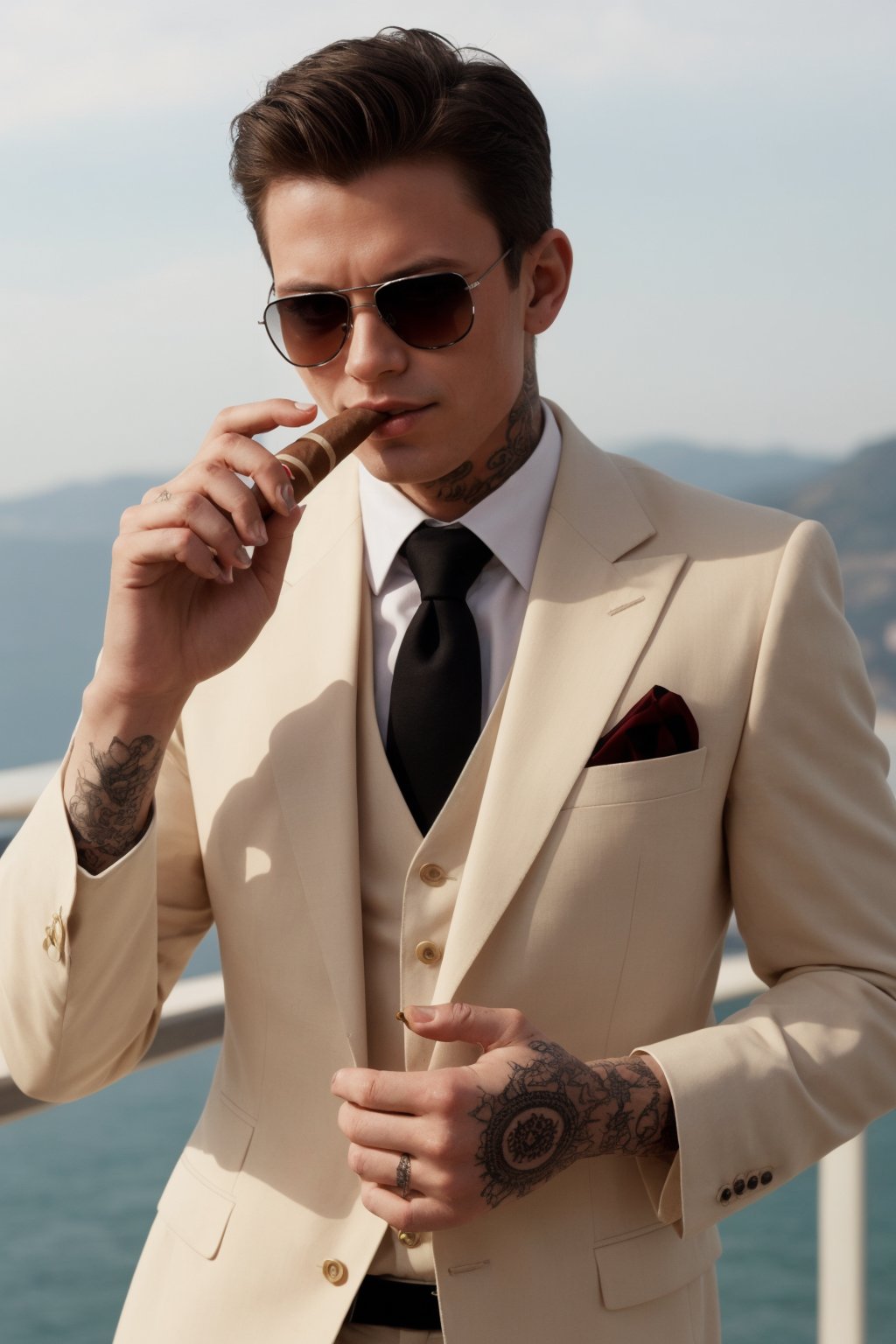 handsome guy with cigar on fancy suit and tattoo all over, with  sunglasses 