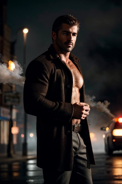 photo of a rugged muscular man, Spanish male, brown hair, 1boy, noir detective man, open shirt, long coat, pants, police department background, signs, wet, raining, holding smoke, realistic, highly detailed, realistic eyes, intricate details, detailed background, depth of field, thriller theme, serious theme, (dark atmosphere:0.7), dramatic, (bokeh, film grain, motion blur, atmospheric, cinematic movie still), cinemascope, moody, epic, gorgeous, muted color, style of Casey Baugh, vignette, vfx, light particles, fog, dynamic pose, dynamic angle, handsome male, sexy muscular,Sexy Muscular,(MkmCut)