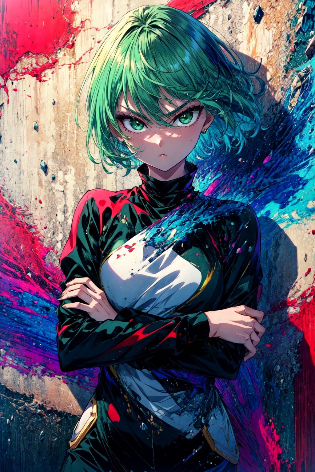 TatsumakiOPM, Green eyes, green hair, short hair, Beautiful, elegant, cowboy shot, crossed arm, pout expression, black tight clothes, long sleeves, random background, (masterpiece:1.3), (vibrant:1.2), best quality, cinematic