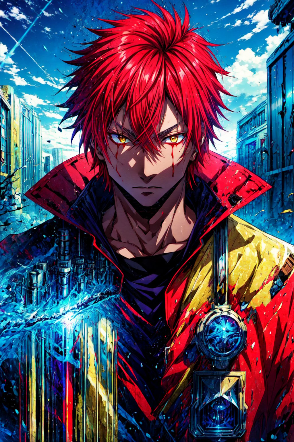 masterpiece, best quality, illustration, 1boy, solo, male focus, looking at viewer, , , , benimaru_tensei_shitara, red hair, yellow eyes, , science fiction apocalyptic and post-apocalyptic, 16k resolution