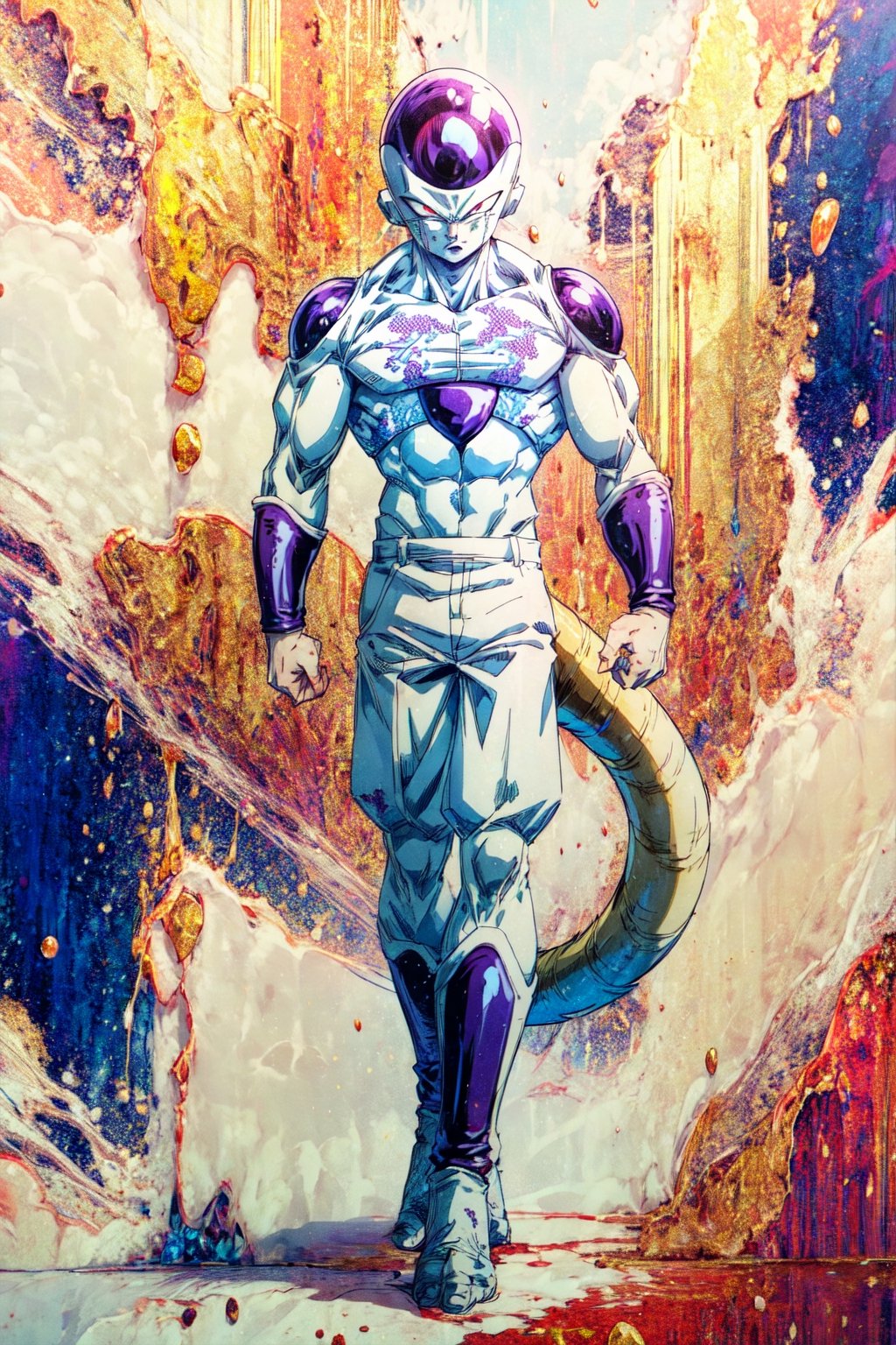 masterpiece, best quality, 1boy, golden frieza, golden skin,clenched hands, full body, looking at viewer, male focus, red eyes, solo, tail, patterned background