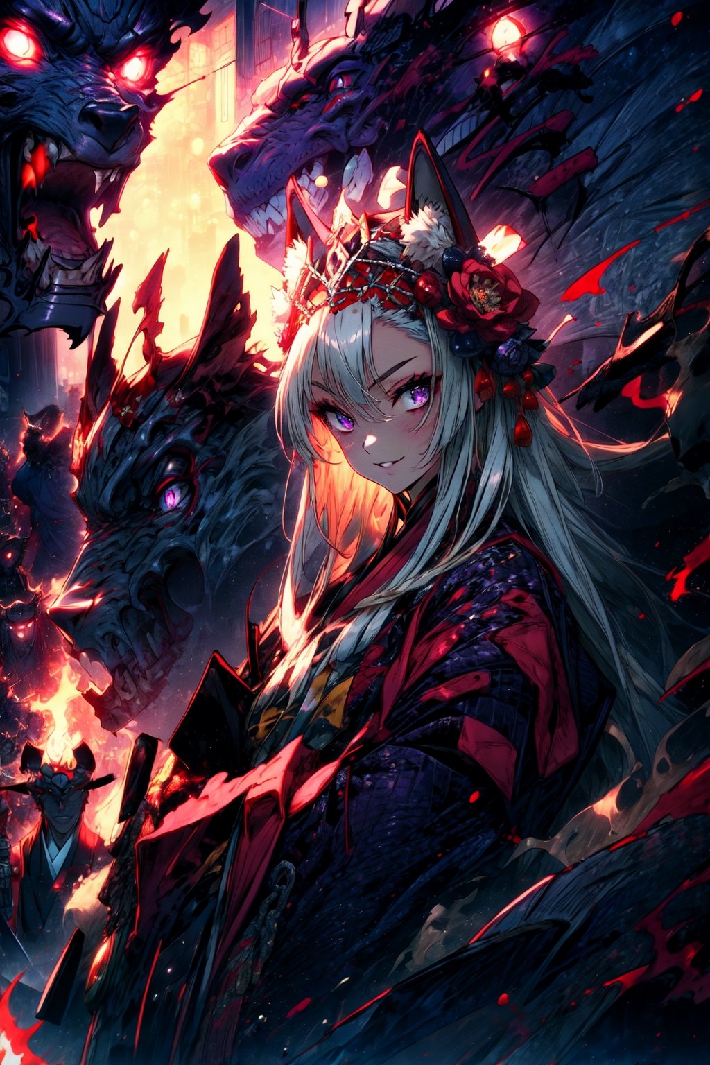 masterpiece,best quality,highres,cinematic lighting,dramatic angle,,1girl,animal ears,hair ornament,purple eyes,white hair,long hair,shaded face,evil smile,parted lips,looking at viewer,cowboy shot,japanese clothes,wide sleeves,burning village,blood,(pile of corpses:1.2)