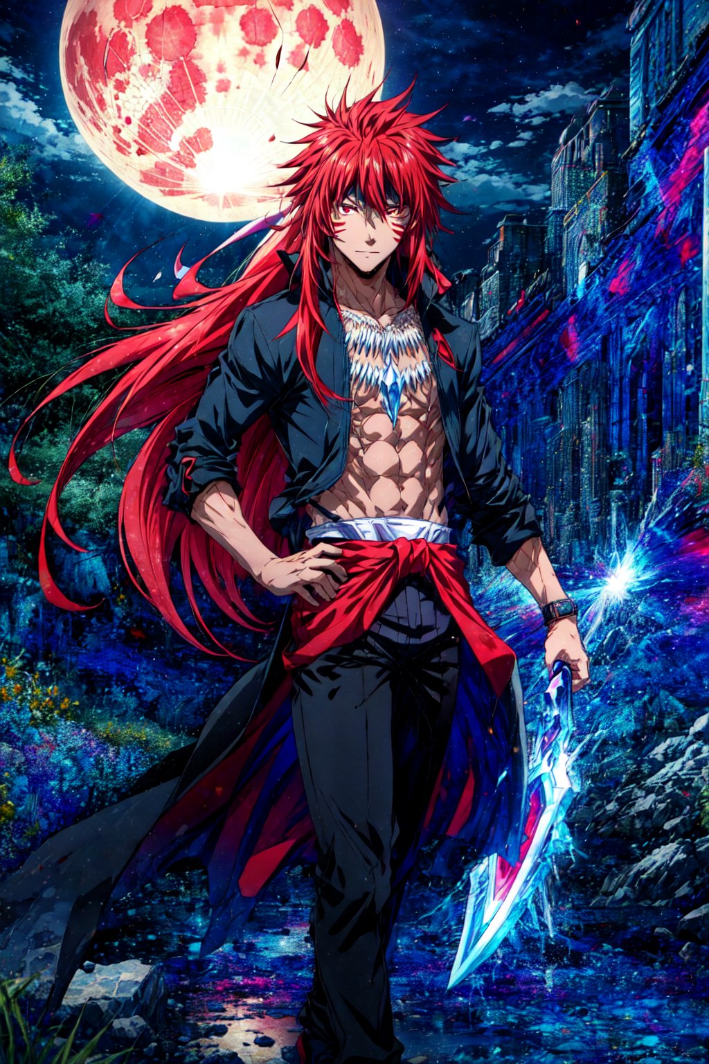 score_9, score_8_up, score_7_up, source_anime, rating_safe, , semi-realistic, looking at viewer, , 1boy, solo, male focus, , guy_crimson, red hair, red eyes, long hair, facial mark, full body, energy plant, night, full moon, claw pose, happy, 