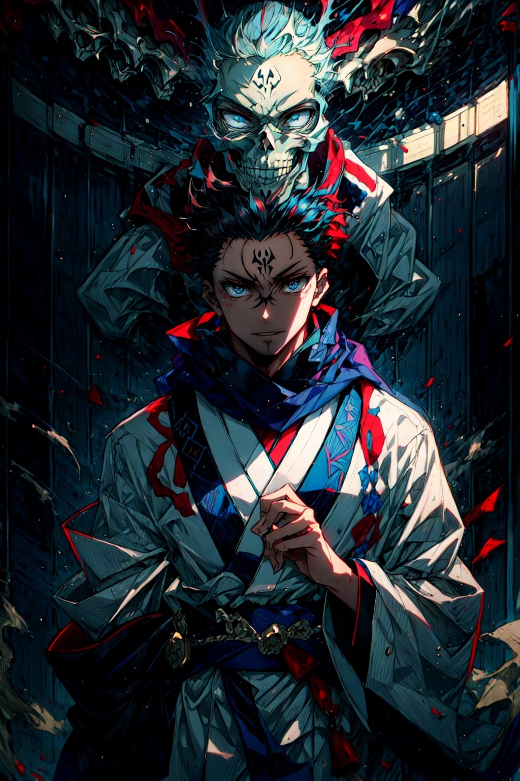 masterpiece,high quality,solo, patterned background, RyomenSukuna,1man, blue scarf,japanese clothes,white kimono,wide sleeves,long sleeves, obi, tabi,zouri, hell,shadow,shadowed face,skull,CLOUD