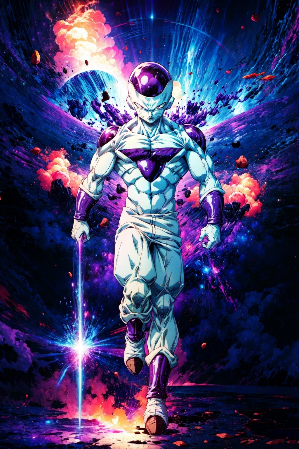 Frieza,full body, high quality, hires, plasma beam, large explosion,purple space aesthetic,CLOUD