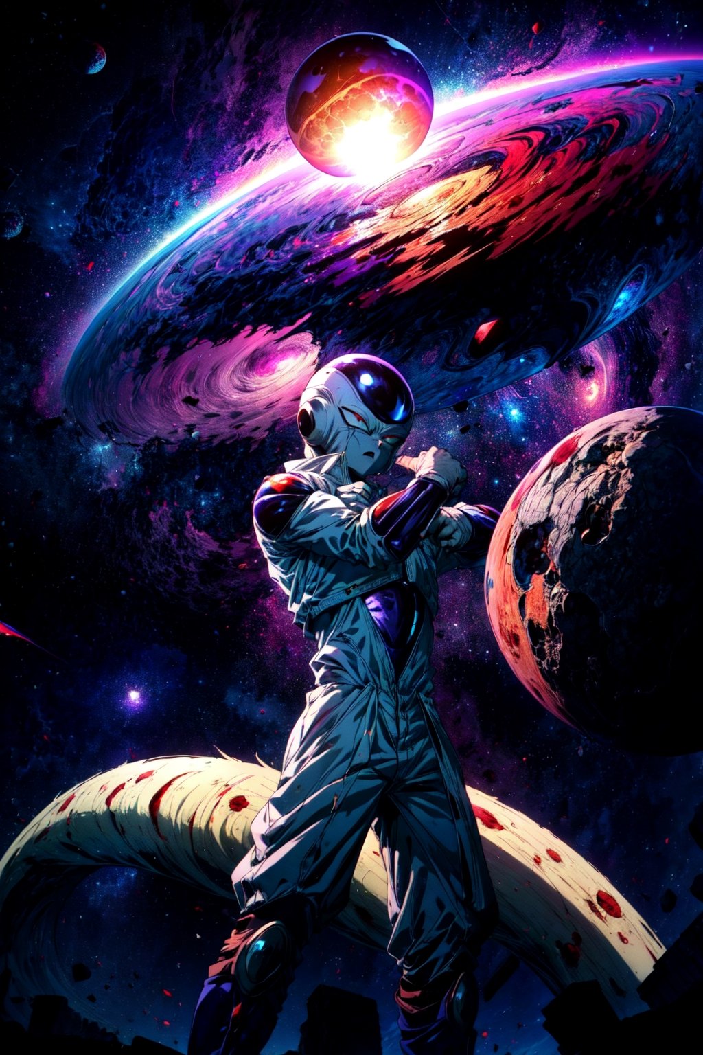(masterpiece, top quality, best quality, official art), (1boy), extreme detailed, highest detailed, extremely complex, cosmos, space background, looking at viewer, from below, close up, realistic:1.2, , frieza, clenched hands, red eyes, male focus, tail, energy ball, ruins, planet explosion,