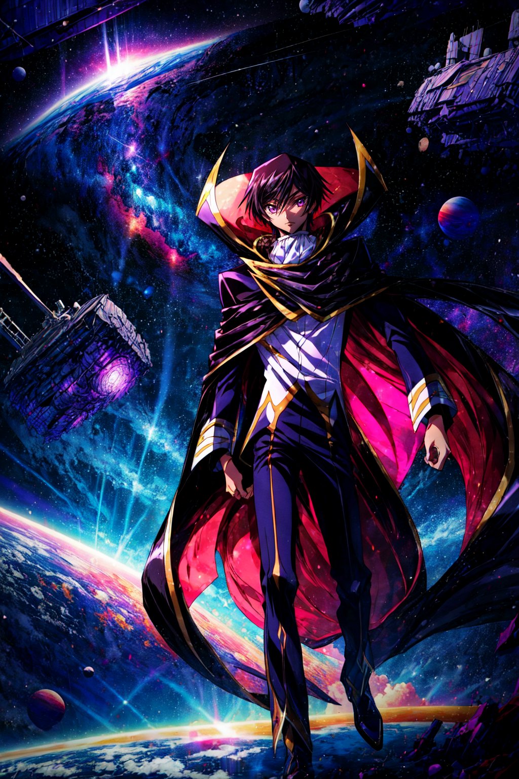 Highly detailed, High Quality, Masterpiece, beautiful, BREAK destroyed death star, , spacecraft, space, BREAK lelouch lamperouge, zero (code geass), , 1boy, scenery, epic, strong pose, looking away