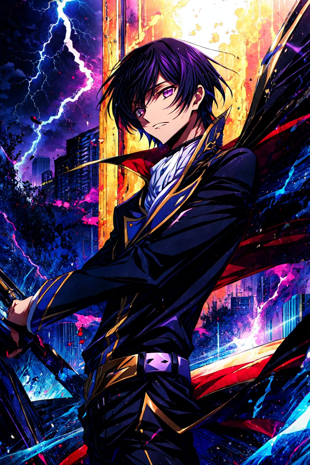 masterpiece, best quality,lelouch lamperouge, student,solo, ((ashford academy uniform)), portraitshort hair, purple eyes, geassbelt, black belt, black jacket, black pants, mksks style, professional lightning, spotlight, city,