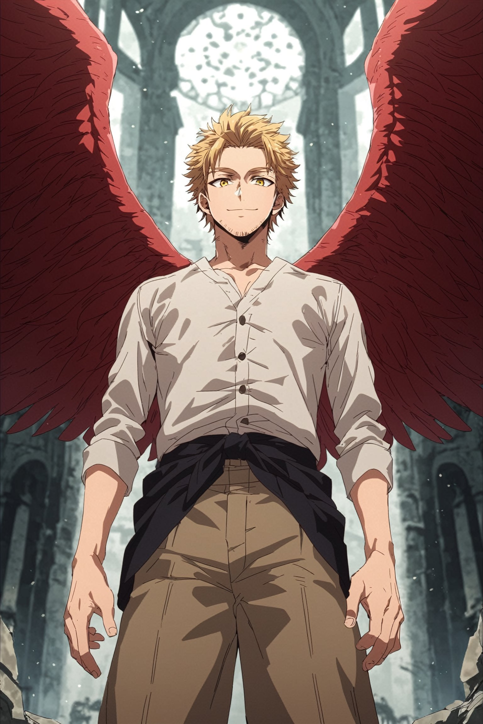 score_9, score_8_up, score_7_up, source_anime, rating_safe, intricate details, (3d:0.4), looking at viewer, , 1boy, solo, male focus, , keigo_takami, blonde hair, yellow eyes, medium hair, stubble, wings, feathered wings, red wings, , , from below, ancient ruins, light, floating, smile, 