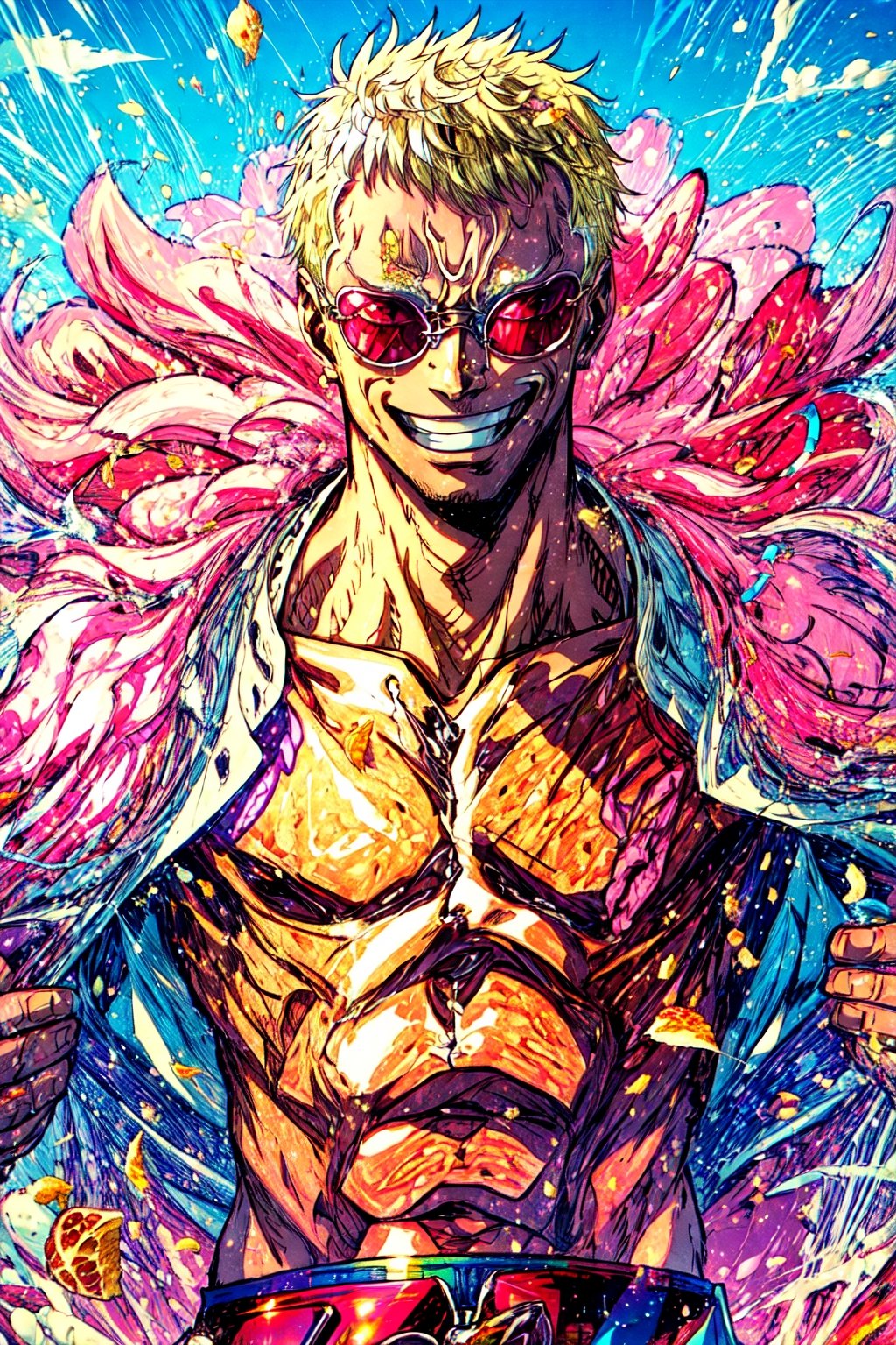  Highly detailed, High Quality, Masterpiece, beautiful, 1boy, solo, SaltBaeMeme, , salt, sunglasses, kitchen, food, doflamingo, boa_coat, , grin