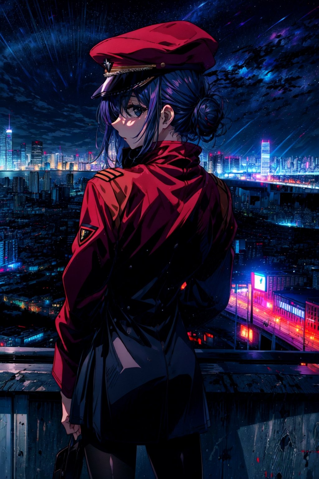 masterpiece, best quality,  misato, black eyes, short hair, hair between eyes, hair bun, peaked cap, red coat, military uniform, black pantyhose, standing, cityscape, cowboy shot, night sky, looking at viewer