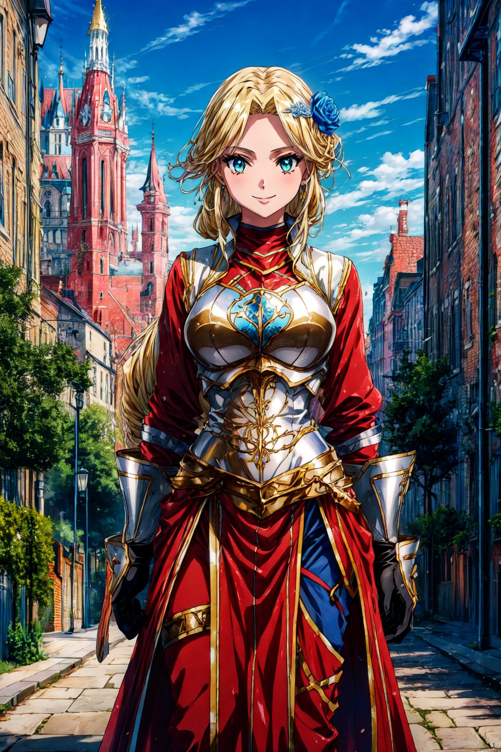 masterpiece, best quality, absurdres, perfect anatomy, 1girl, solo, Laykus, long hair, hair flower, gloves, armor, breastplate, bodysuit, pelvic curtain, standing, smile, outdoors, medieval city, castle in background,