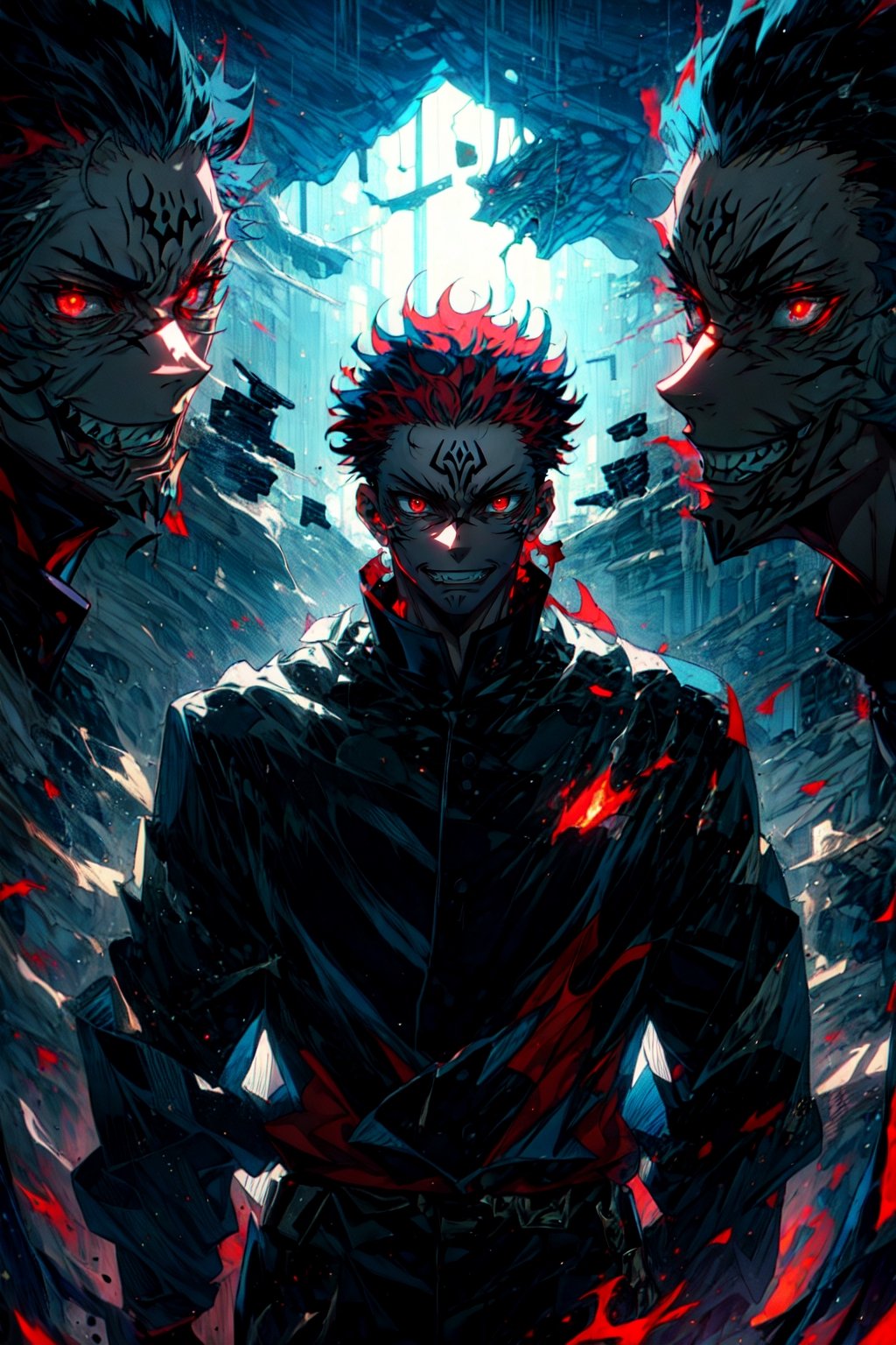 (masterpiece, best quality, official art:1.2), legendary curse, (Ryomen Sukuna:1.3), malevolent aura, sinister grin, (multi-eyed visage:1.1), intricate tattoos, long spiky fingers, black and red attire, domain expansion, fearsome presence, detailed background, cursed energy, powerful sorcerer, intense conflict, dark and mystical ambiance, captivating character design, iconic villain from Jujutsu Kaisen,SUKUNA