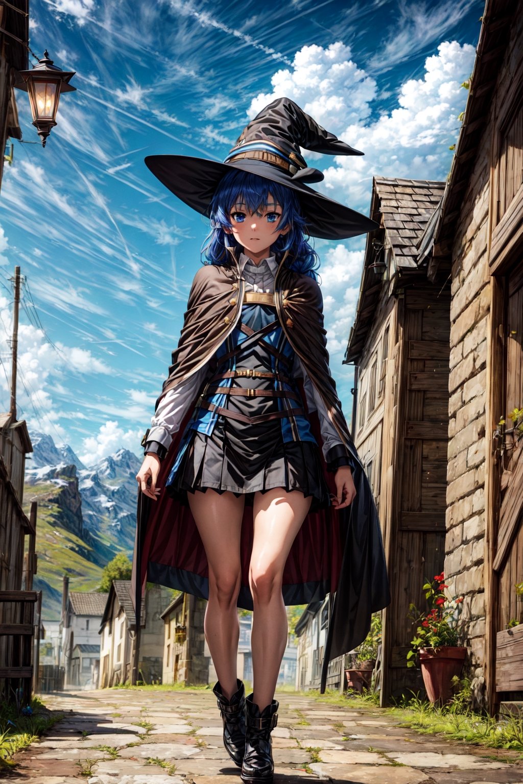 masterpiece, best quality, ,1girl,witch hat,blue hair,very long hair,twin braid,hair ribbon,blue eyes,brown cape,long sleeves, black skirt