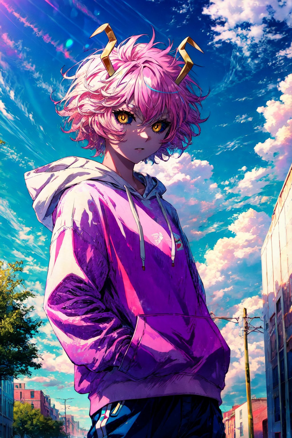 masterpiece, best quality, , ashido_mina, colored skin:1.2, pink skin:1.2, colored sclera, black sclera:1.4, pants, hoodie, outdoor, blue sky, cloud, day, sky,