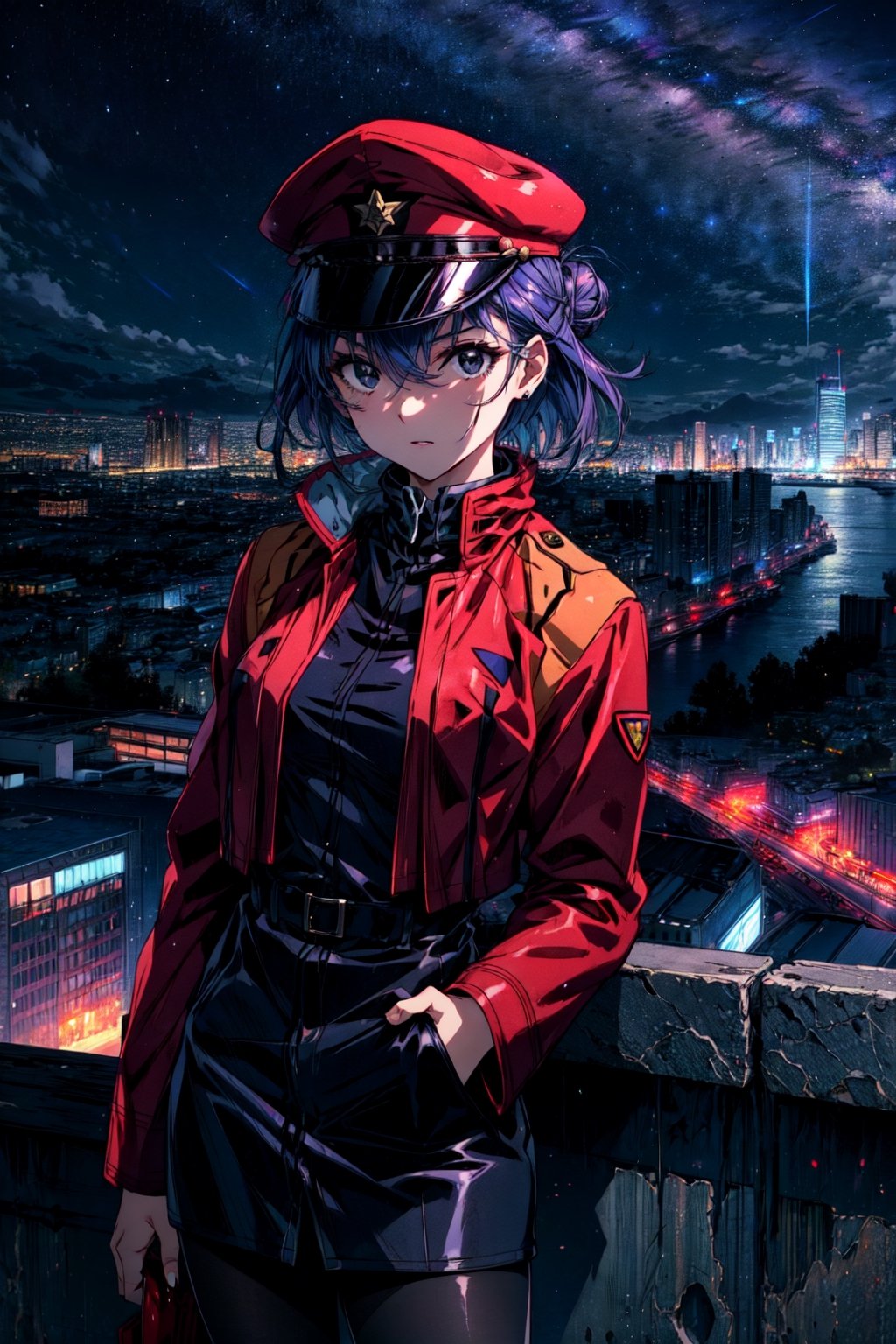 masterpiece, best quality,  misato, black eyes, short hair, hair between eyes, hair bun, peaked cap, red coat, military uniform, black pantyhose, standing, cityscape, cowboy shot, night sky, looking at viewer