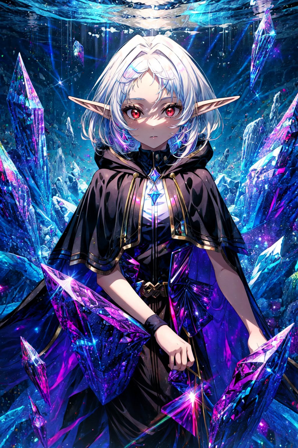 1girl, solo,   Sylphie, Sylphie is an elf, Sylphie has red eyes,  GlitchBreakGirl, Sylphie has white hair, Sylphie wearing a black hooded cloak, , ((holographic yellow crystals in the background))
