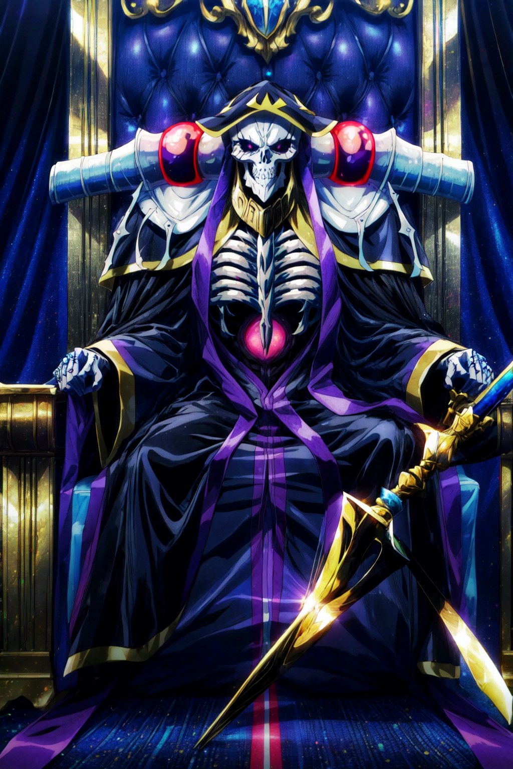 High quality, ,(Beautiful), ((masterpiece)),vibrant colors, AinzRobes, solo, 1boy, throne, male focus, cloak, skeleton, holding, looking at viewer, no humans, glowing, hood, skull, golden staff with multicolor gems, full body