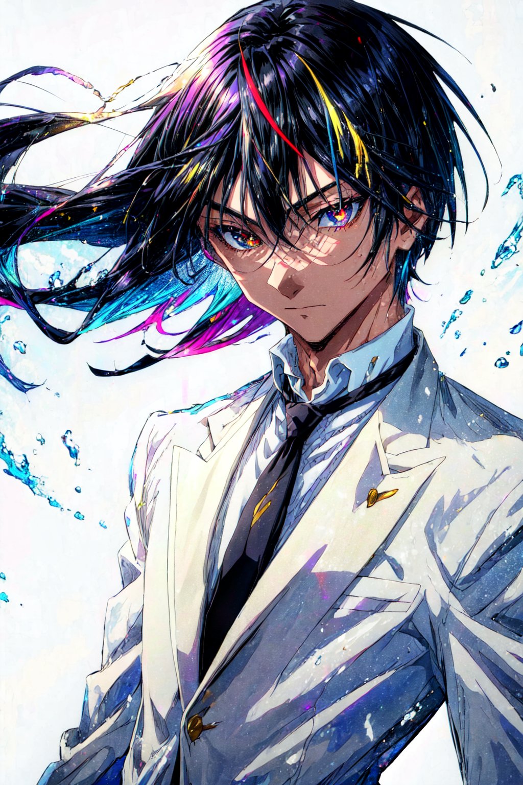 1 man, diablo, black hair, multicolored hair, tall, facing viewer, from front, white tuxedo, white jeans, black necktie, closed mouth, male focus, upper body, extremely detailed eyes, simple background, looking at viewer, , masterpiece, best quality,, (waifu, anime, exceptional, best aesthetic, new, newest, best quality, masterpiece, extremely detailed:1.2),