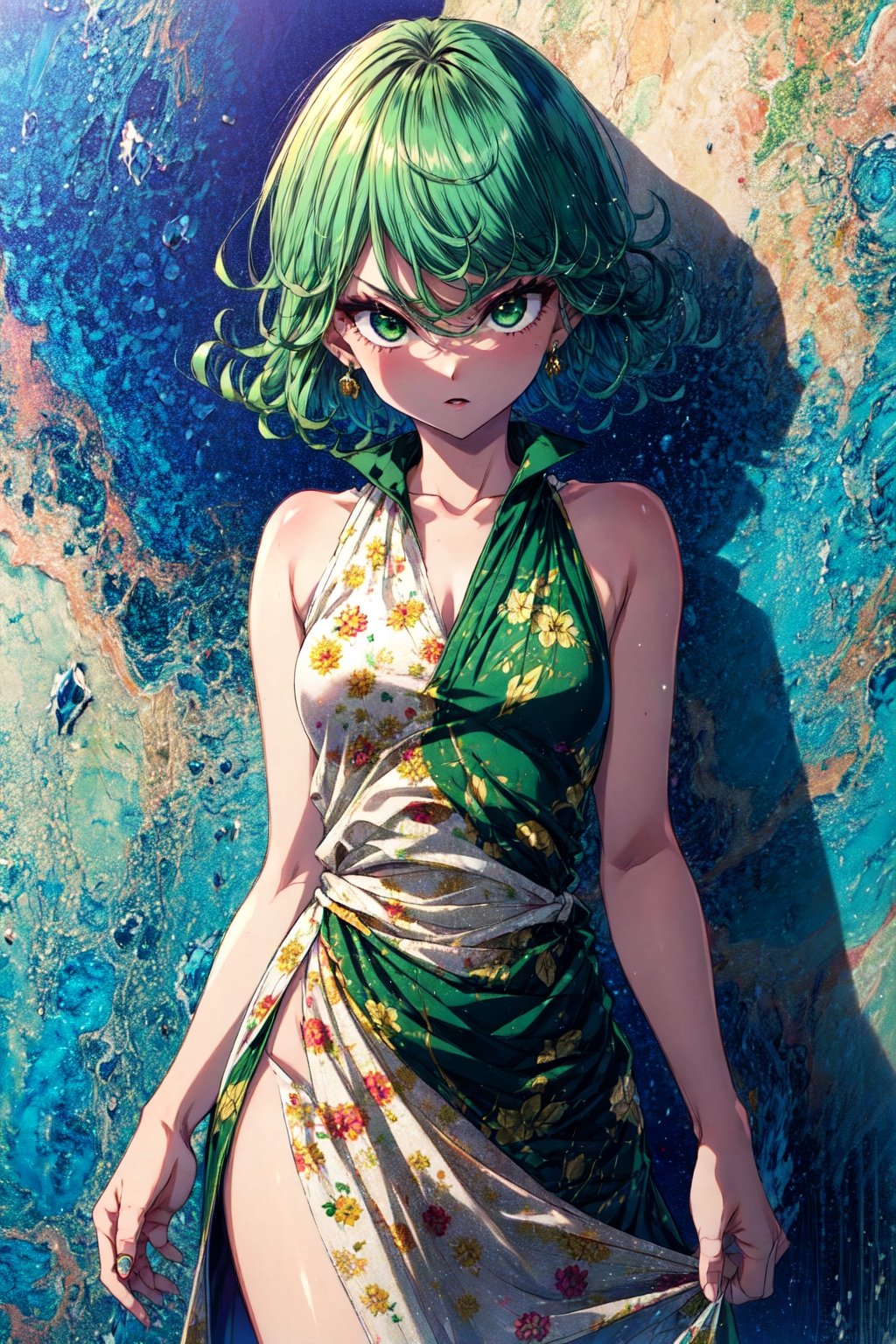 tatsumaki, small breasts, short hair, curly hair, green eyes , green hair ,Ulla Johnson printed maxi dress