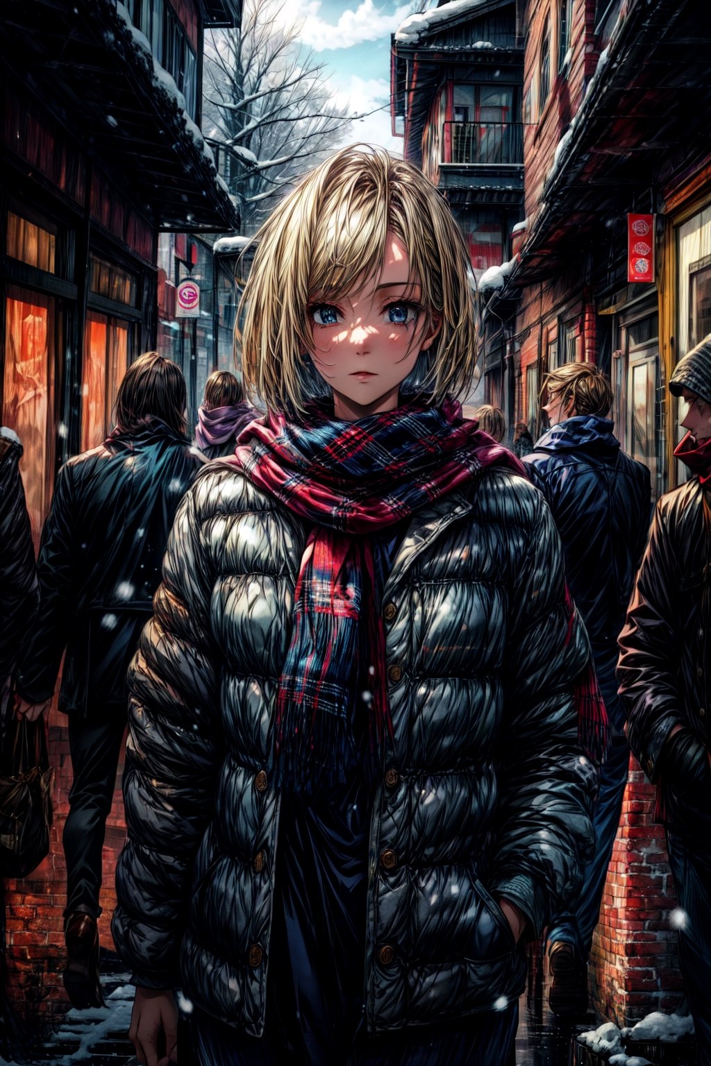 masterpiece, best quality, highres, aanobara, short hair, , winter clothes, snow, street, looking at viewer, scarf,