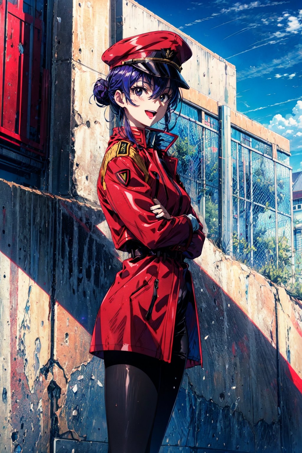 masterpiece, best quality,  misato, black eyes, short hair, hair between eyes, hair bun, peaked cap, red coat, military uniform, white gloves, black pantyhose, :D, crossed arms, from side, looking at viewer, sky, clouds