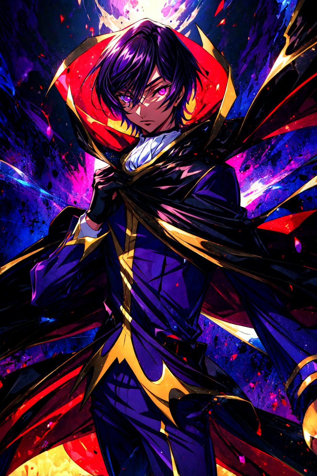 (lelouch lamperouge:1), male, boy, zero (code geass),(red glowing eye), purple suit, black cape, purple galaxy background, purple magic surrounding subject, (realistic:1.2), (masterpiece:1.2), (full-body-shot:1),(Cowboy-shot:1.2), neon lighting, dark romantic lighting, (highly detailed:1.2),(detailed face:1.2), (gradients), colorful, detailed eyes, (natural lighting:1.2), (dynamic pose:1.2), (solo, one person:1.5),