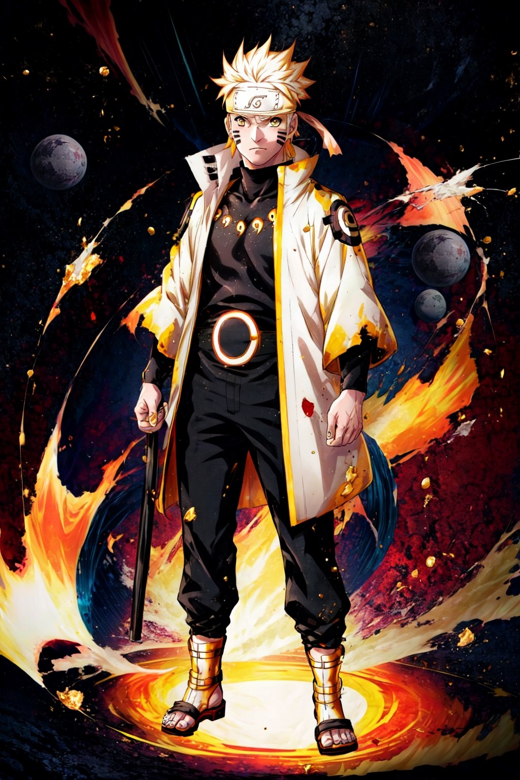 best quality, Mature male, Standing,  Naruto, 1boy, yellow eyes, symbol-shape pupils, gold hair, headband, facial mark, Black bodysuit, tomoe \(symbol\), golden jacket, high collar, full body,  golden sandals,Circle