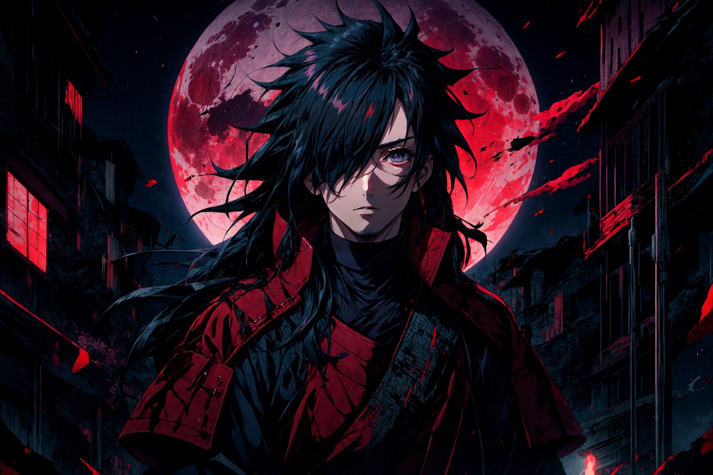 absurdres, [perfect shadows, masterpiece, attentive, high quality, detailed, extremely detailed, 4K, high definition, intricate, cinematic, 8k, ultra quality, 8K UHD,official art, illustration,, solo, male focus, 1boy, , uchiha madara, long hair, hair over one eye, red moon as background,  (upper-body:1.3), , midjourney, , night, dark, shadow on face, cinematic scene