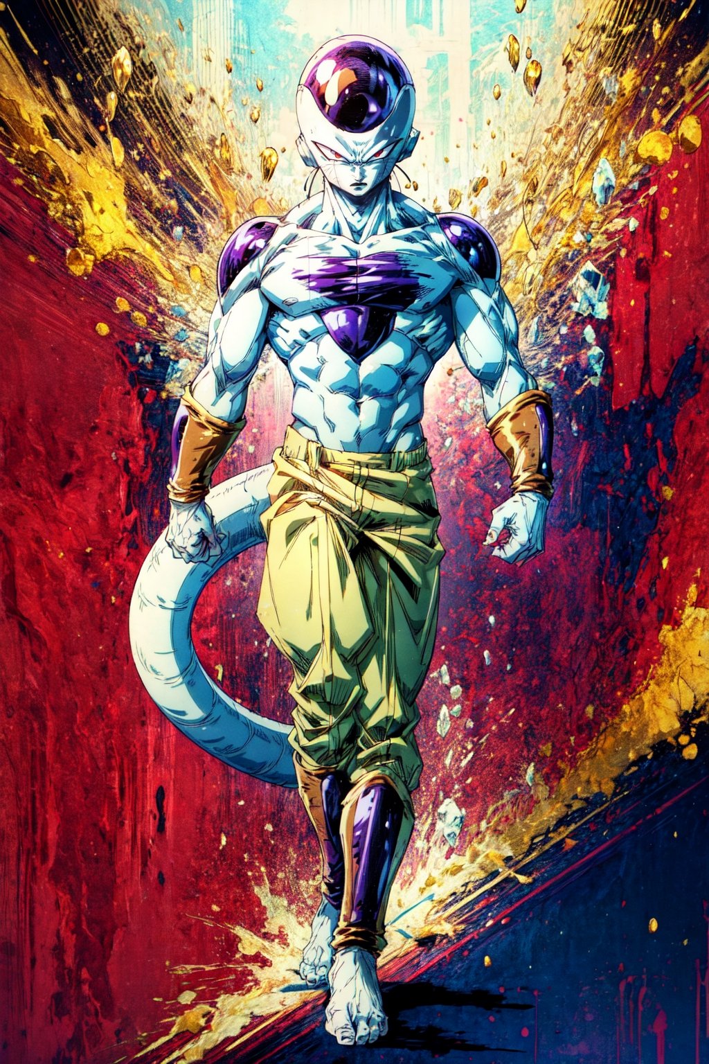 masterpiece, best quality, 1boy, golden frieza, golden skin, clenched hands, full body, looking at viewer, male focus, red eyes, solo, tail, patterned background,