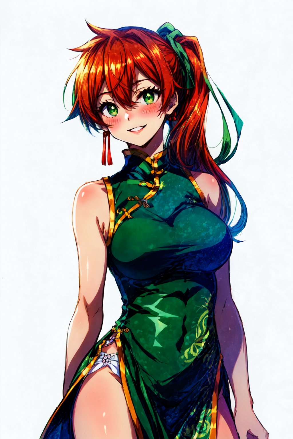 kendou itsuka, large breasts, bare shoulders, white background, green eyes, chinese clothes, dress, sleeveless, china dress, hair between eyes, 1girl, green dress, orange hair, sleeveless dress,side ponytail, blush, pelvic curtain, long hair, simple background, cowboy shot, solo,smile, parted lips