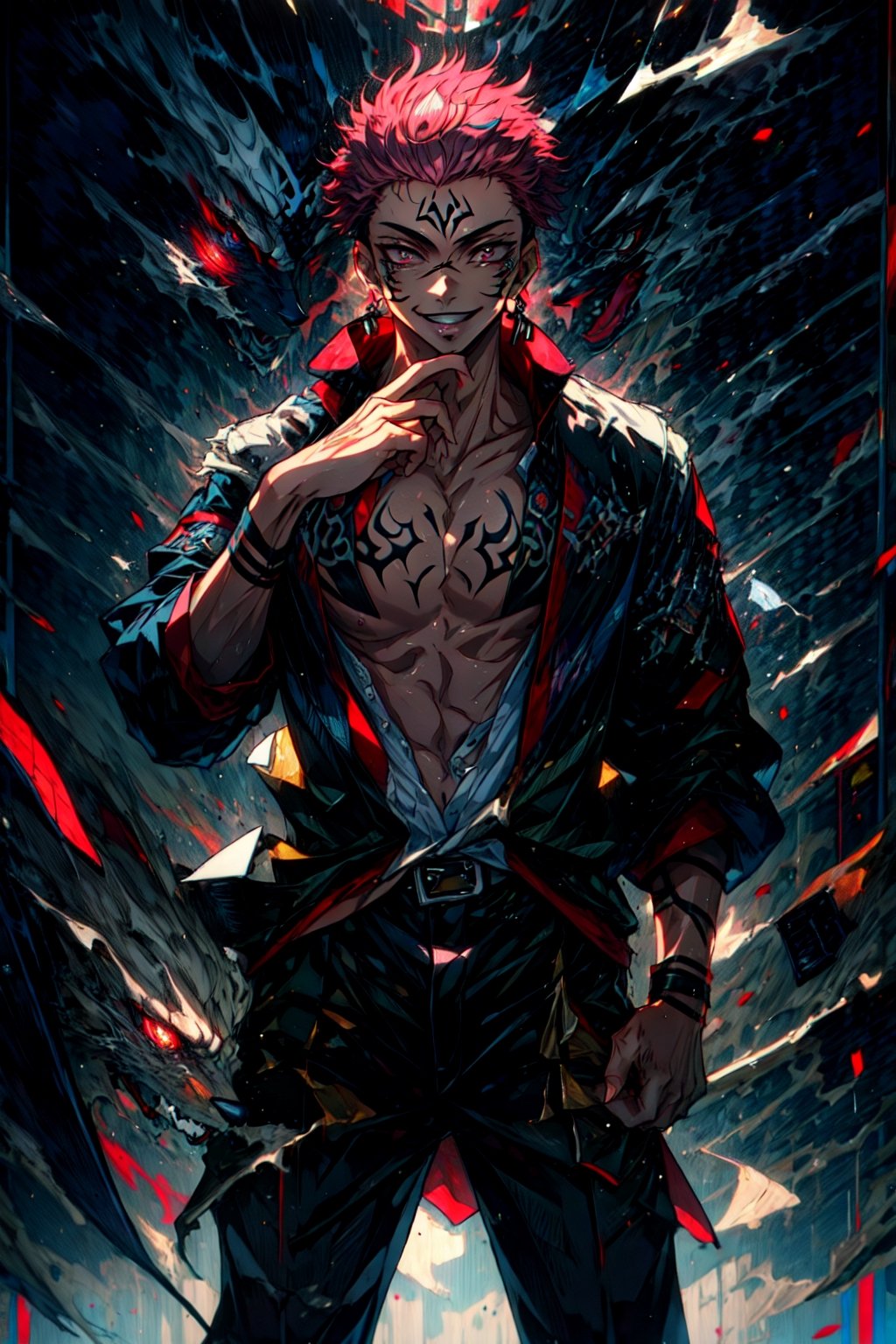 masterpiece, best quality, ultra-detailed, (full body:1.1) , (bad boy smile:1.2), texture, detail eyes,8k, 1boy, Sukuna, a man with pink hair and shirtless, tattoo_ryoumen, black pant, (holding a finger:1.2), tattoo_on_his_face, tattoo on body, (hand stroke hair:1.2) looking at viewer, detailed eyes, detailed face, (masterpiece:1.4),(best quality:1.4),realistic