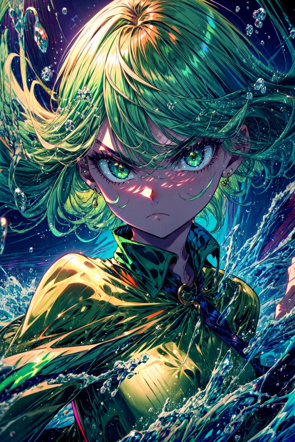 masterpiece, best quality, (detailed background), (beautiful detailed face, beautiful detailed eyes), whole body,absurdres, highres, ultra detailed, masterpiece, best quality, detailed eyes, :(, frown, green_eyes, green hair,floating, dark green tight dress, long_sleeves, high collar, 