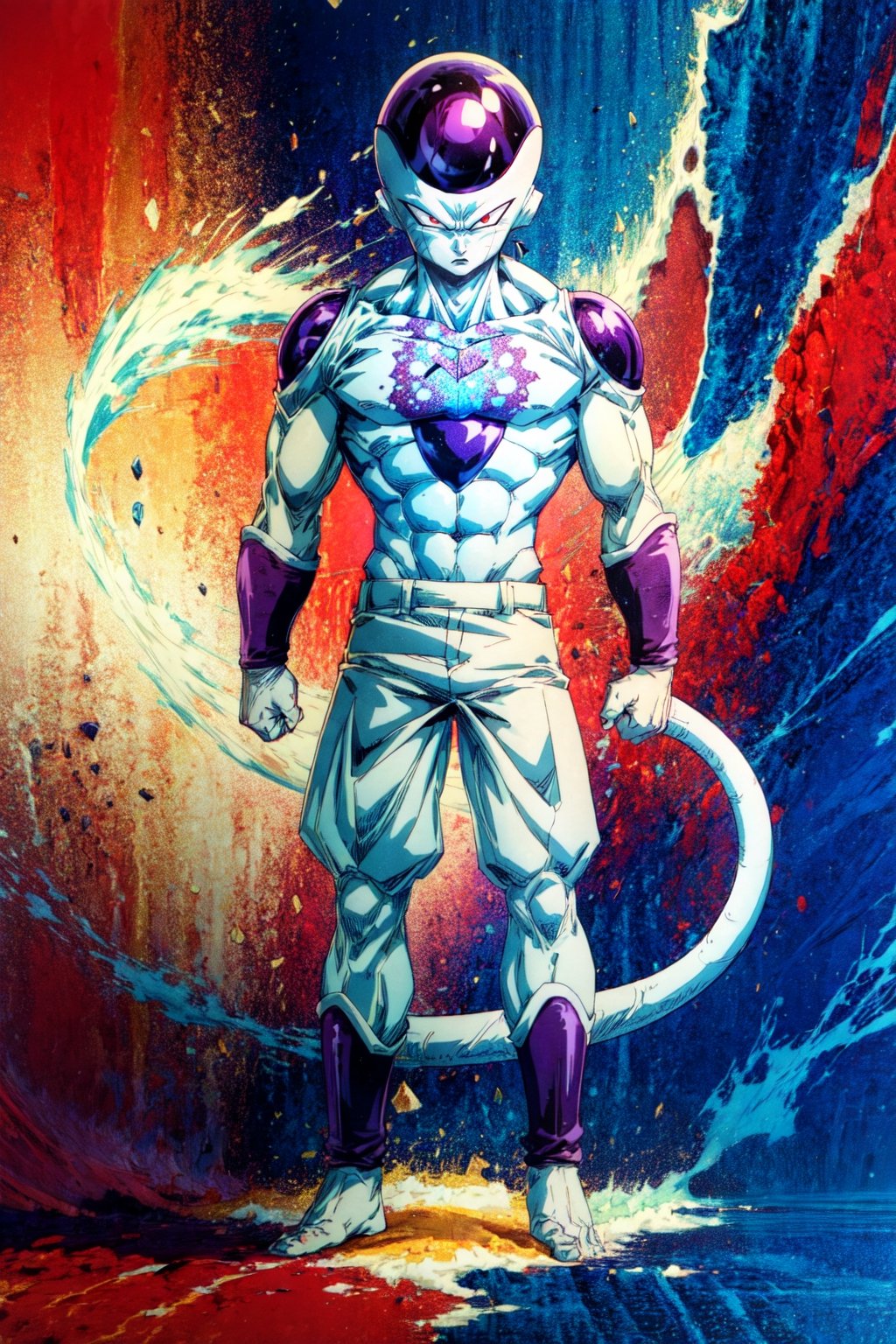 masterpiece, best quality, 1boy, golden frieza, clenched hands, full body, looking at viewer, male focus, red eyes, solo, tail, patterned background
