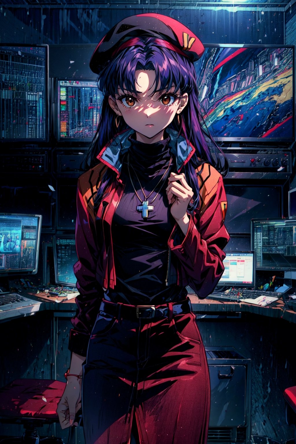 (masterpiece),(best quality), , katsuragi misato, brown eyes, beret, black sweater, cross necklace, red jacket, pencil skirt, red skirt, control room, indoor, dark room, looking at the viewer,