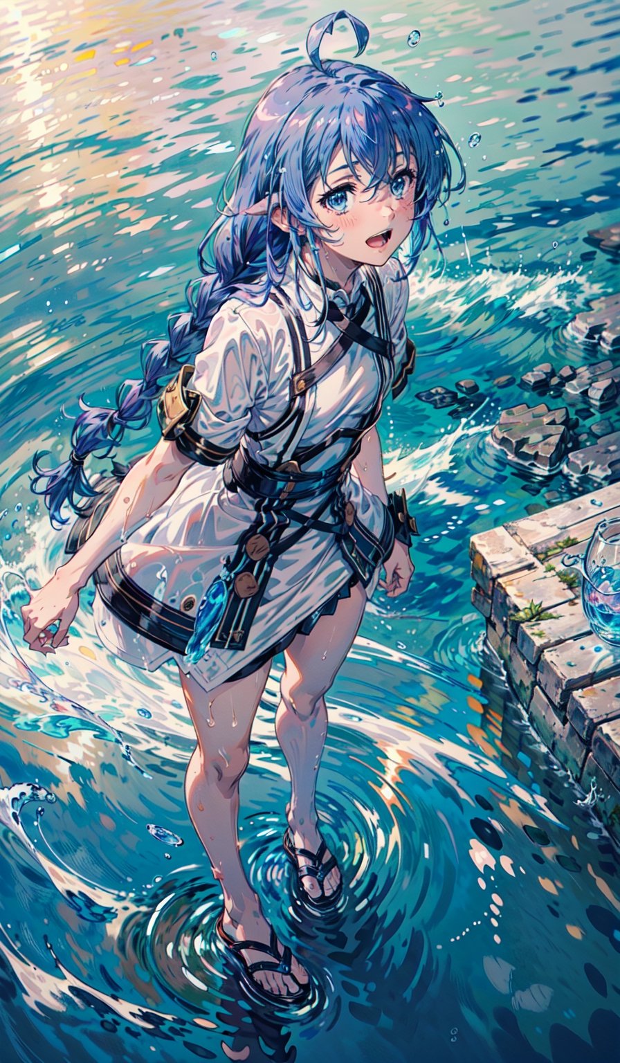 best quality, (masterpiece:1.2), detailed,,1girl, solo, open mouth, light smile, light blush,twin braids, long hair, blue hair, ahoge, blue eyes,white bikini, small breasts,(in water:1.2), standing, looking at the viewer, from above,ocean, water, splash