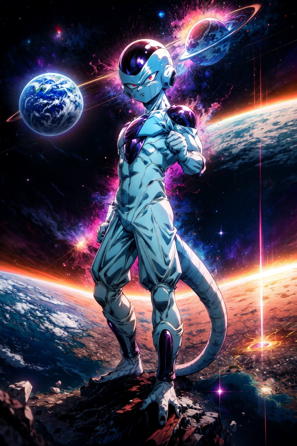 masterpiece, best quality, frieza, 1boy, clenched hands, earth \(planet\), full body, looking at viewer, male focus, tail, planet, red eyes, solo, space