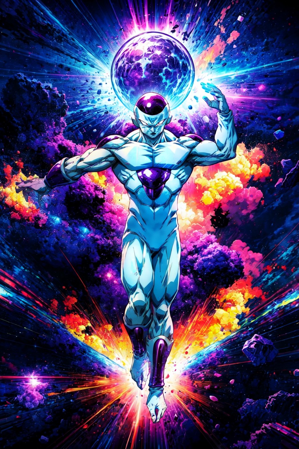 Frieza,full body, high quality, hires, plasma beam, large explosion,purple space aesthetic,CLOUD