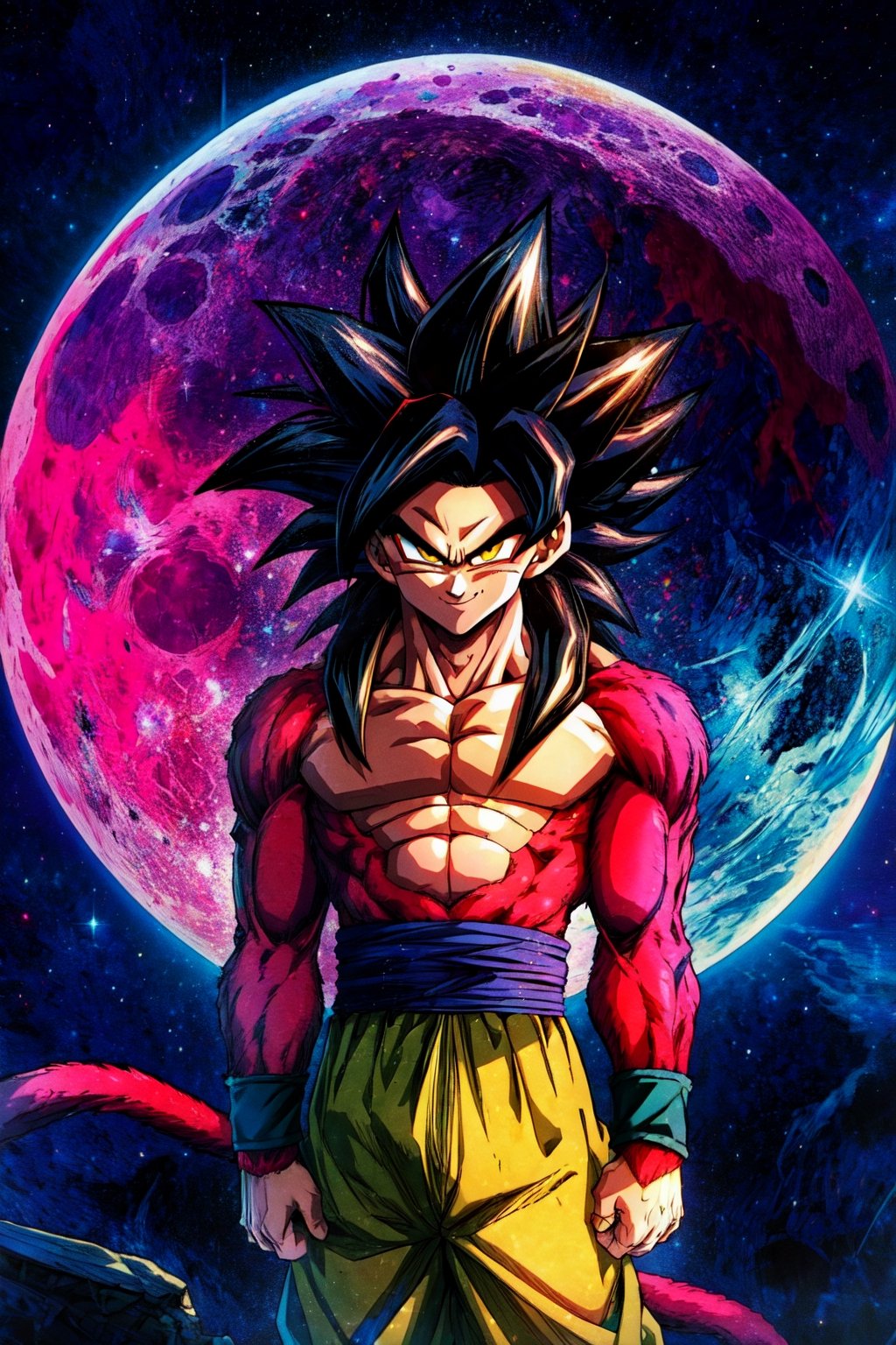 ((masterpiece,best quality)), , Super_Saiyan_4_Goku, 1boy, male focus, detailed handsome face, super saiyan, tail, wristband, pants, red fur, black hair, solo, smiling, looking at viewer, cowboy shot, cinematic composition, giant moon, starry sky,