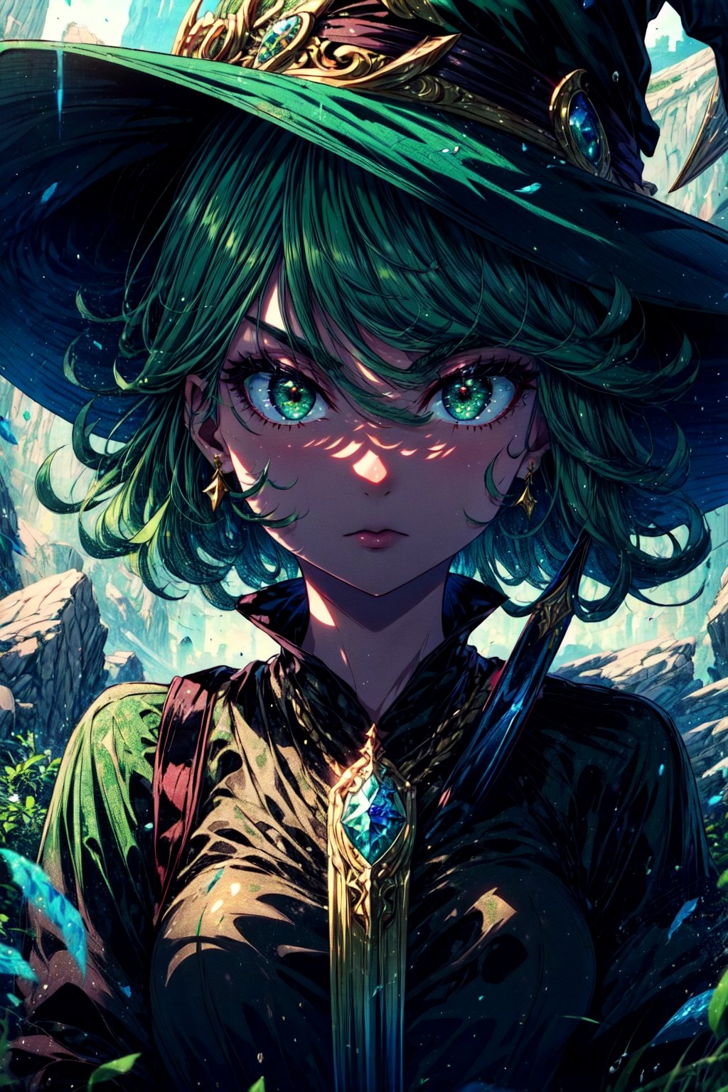 beautiful, (masterpiece), best quality, (extremely detailed face), extremely detailed eyes, perfect lighting, OverallDetail, detailed, deep skin,textured skin, , tatsumaki,green hair,green eyes,curly hair, short hair, black dress,outdoors, fantasy, fantasy background,witch hat, standing 