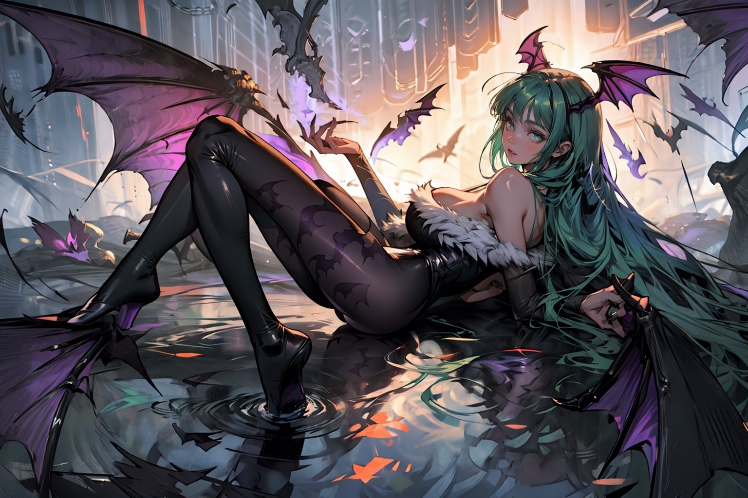 masterpiece, best quality, ,1girl, morrigan aensland, print legwear, head wings, solo, long hair, bat print, ass, breasts, wings, animal print, green hair, leotard, feet, large breasts, soles, pantyhose, demon girl, bat wings, no shoes, bangs, black leotard, bare shoulders, purple wings, on side, yellow eyes, purple pantyhose, toes, looking back, full body, bat (animal), thighs, low wings, sideboob, from behind, lips, lying, blunt bangs, looking at viewer, very long hair, thighhighs, thick thighs, outdoors, parted lips, green eyes, water, fur trim, strapless, nose,FFIXBG