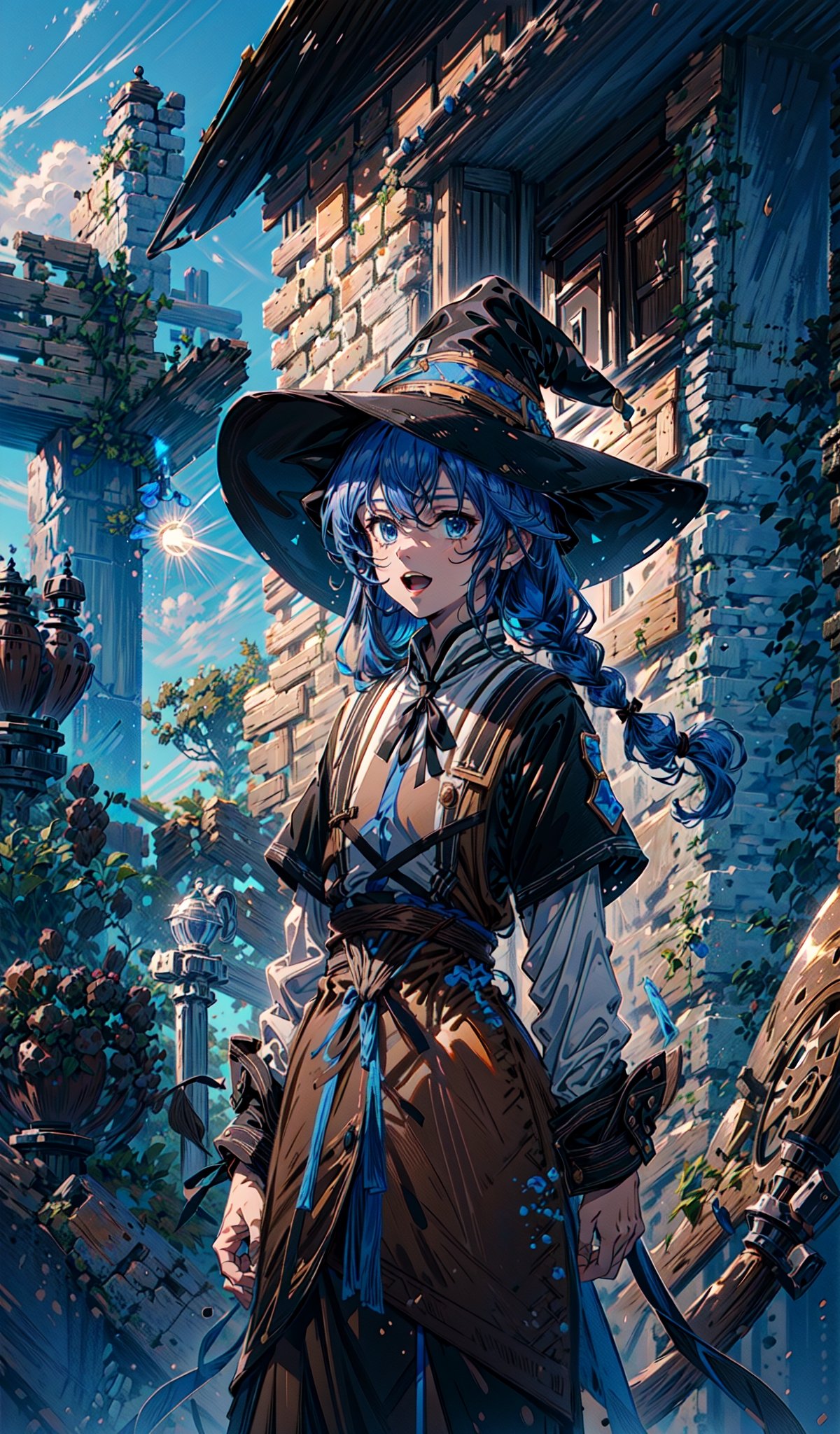 best quality, (masterpiece:1.2), detailed,,1girl, solo, open mouth, light smile,twin braids, long hair, blue hair, blue eyes,brown dress, neck ribbon, black ribbon, witch hat, black hat,standing, looking at the viewer,outdoors, desert, sun