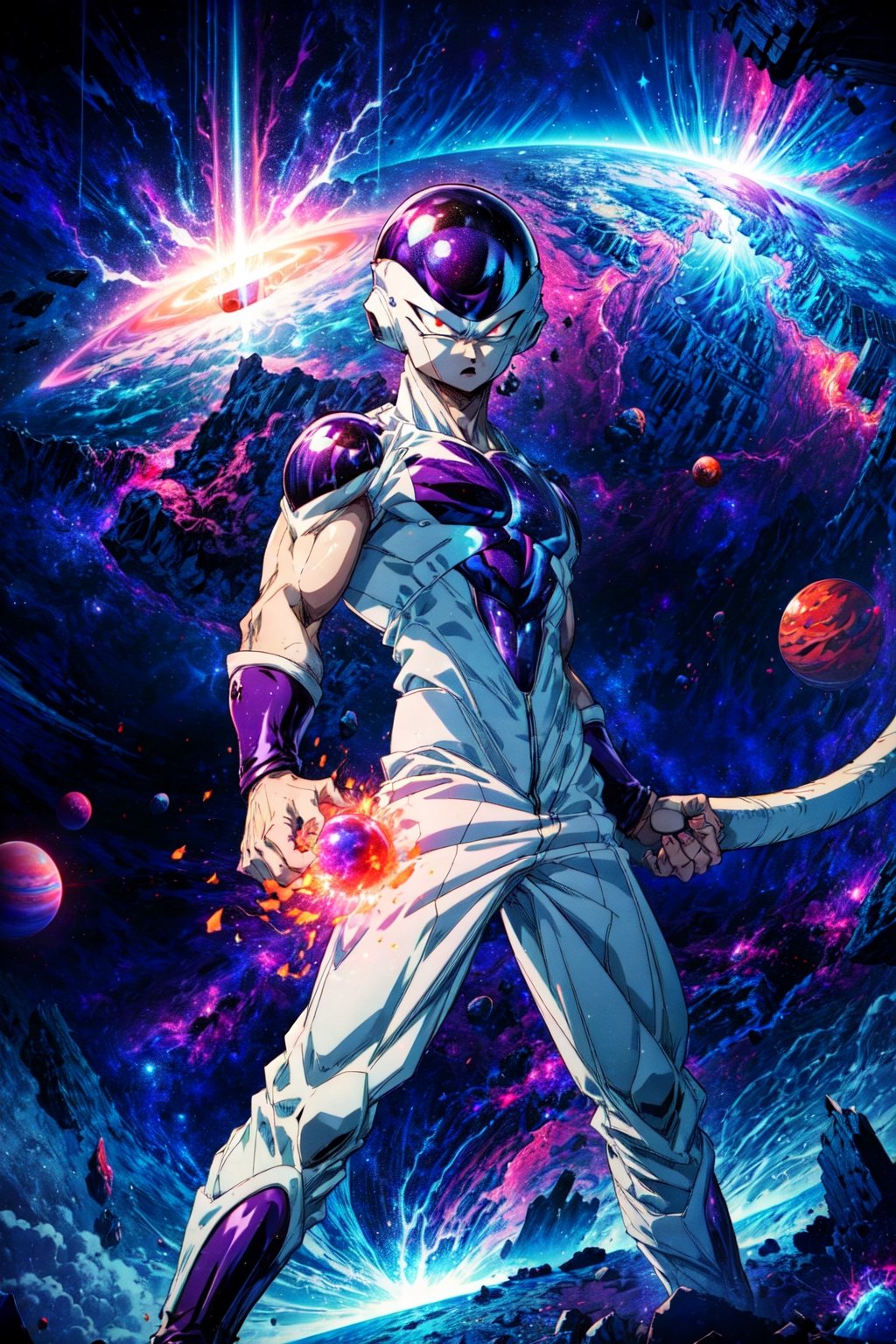 (masterpiece, top quality, best quality, official art), (1boy), extreme detailed, highest detailed, extremely complex, cosmos, space background, looking at viewer, from below, close up, realistic:1.2, , frieza, clenched hands, red eyes, male focus, tail, energy ball, ruins, planet explosion,