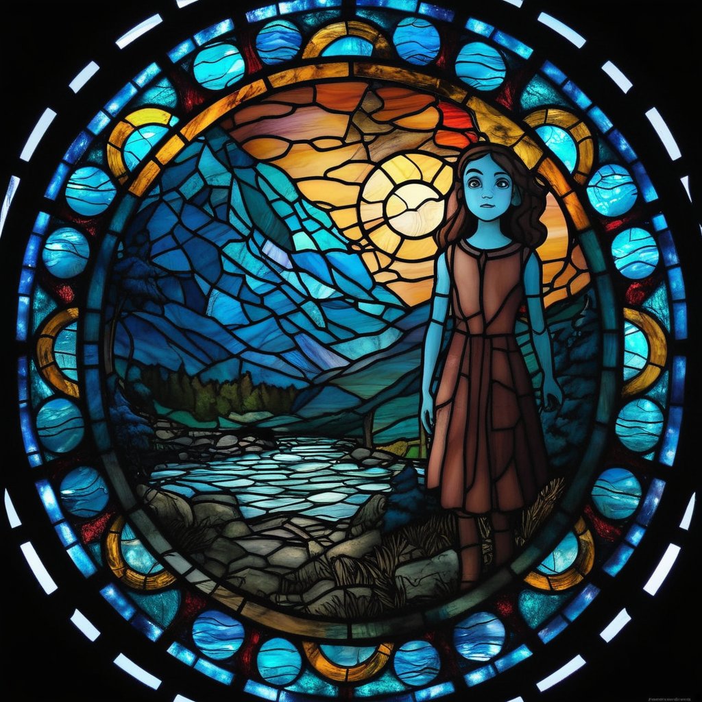 stained glass, circle, 1 girl, full body, look at nature landscape, night light, nature, Wide Shot, horror, portrait, landscape, masterpiece, best quality