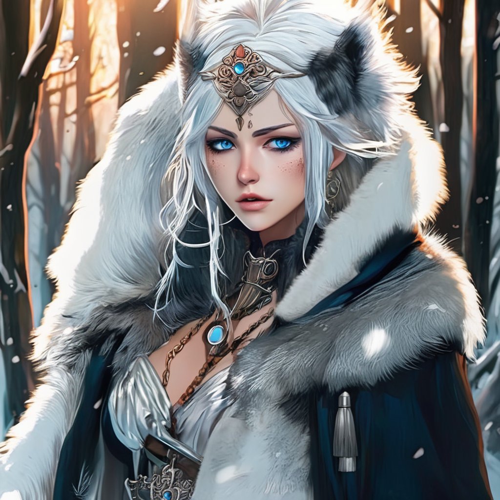 A fierce female warrior fighting in a snowy forest, in Medieval cloak, fur trimmed cloak, long hair, looking at viewer, blue eyes, simple background, (hair ornament), gem, tassel, hair between eyes, jewelry, upper body, earrings, lips, fur trim, eyelashes, portrait, beads, emo, (sharp eyes:1.4), (rebellious:1.4), (fierce:1.4), (standing: 1.2), silver-white hair, Gothic make-up, tough, wild. Kyoto Animation stylized anime, cinematic Lighting, ethereal light, intricate details, extremely detailed, incredible details, full colored, complex details, insanely detailed and intricate, hyper maximalist, gorgeous light and shadow, detailed decoration, detailed lines. Masterpiece, best quality, aerial view, HDR, UHD, unreal engine. looking at the camera, dark Fantasy background, representative, fair skin, beautiful face,A beautiful girl, blonde hair, dynamic character, detailed exquisite face, bold high quality, high contrast,art_booster,DonMS4kur4XL