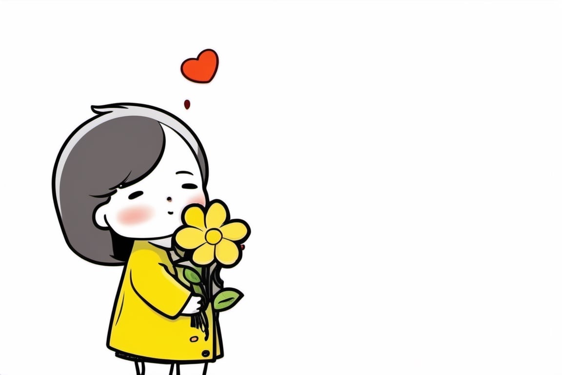 a boy kiss a girl, spring, flower, holding flower, Line chibi yellow, simple background, best quality